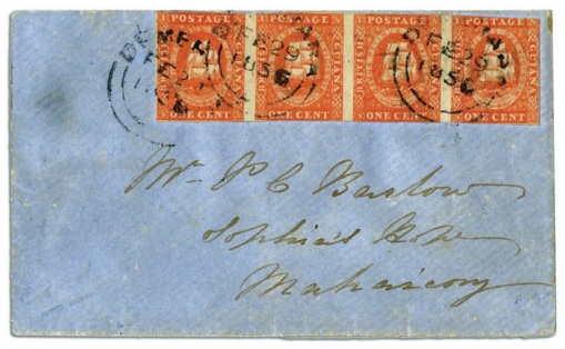 British Guiana, 1853 Waterlow lithographed 1 cent vermilion, horizontal strip of four, used on cover to Sophia's Hope Estate Mahaicony