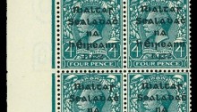 1922 (17 February) Dollard 5-line overprint in black - 4d Grey-Green R21 Control (block of 6), one showing break over ''FOUR''