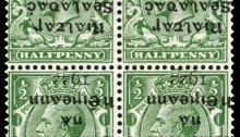 1922 (17 February) Dollard 5-line overprint in black - ½d Green (block of 4) overprint inverted