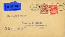 1928 2nd Experimental Flying Boat Service, (Oct. 3) Belfast-Liverpool cover with handstruck ''BY FLYING BOAT'' and ''NO FL1GHT'' in violet, held over for flight on the 4th
