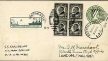 1929 (Aug. 15) U.S. 1c. stationery envelope to London, with added imperf. 2c. block of four and AIRMAIL-KARLSRUHE-GALWAY green label tied by Boston duplex
