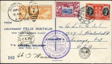 1935 (Sept. 21) cover from New York-Kaunas flight crashlanded at Ballinrobe, Co Mayo, franked U.S. 6c. cancelled Brooklyn Sept. 21 and with unsurcharged Lithuania 10c., 20c. cancelled Nov. 1 on eventual arrival, flight cachet and signed by pilot, F. Waitkus.