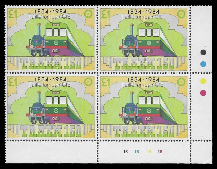 1984 CIE overprint, Taille Iompair CIE, plate block of 4 stamps, with 'traffic light' colour print controls.