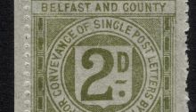 Belfast & Co Down Railway Letter stamp - 2d Olive-Green, Die II.