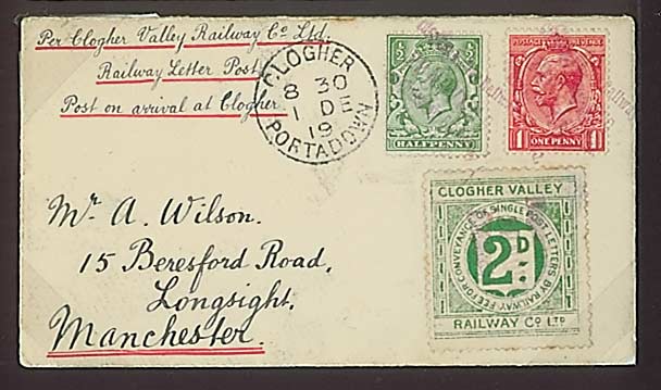 CLOGHER VALLEY RAILWAY Co 1919 (29 Nov) Wilson env from Aughnacloy Station to Manchester franked with 2d green type II