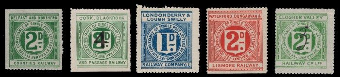 Most of the Irish Railway stamps adhere to this one template design, but there are many variations in denomination, colour, shade, overprint and manuscript denominations.