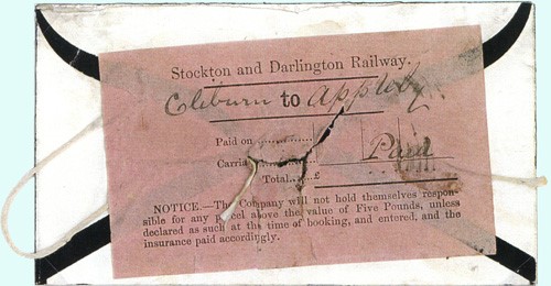The first Railway Letters – String Letters. This one (dated 16 March 1864) is from England's Stockton & Darlington Railway.