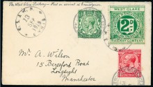 West Clare Railway Company: 1915 (Sept. 13) 'Wilson' envelope to Manchester, bearing K.G.V 1/2d. and 1d. with Ennistymon c.d.s's and West Clare 2d. tied by circular ''C.S. & W.R./ENNIS'' datestamp.