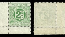 West Clare Railway Letter stamp. Die II - 2d Light Green, on thin paper