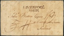 1793 Trinidad to Tuam, Co Galway, showing rated 5d (deleted), 11d (deleted) and 1s & 3d + unframed LIVERPOOL SHIP handstamp