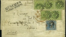 1852 Bavaria (Munich) to Dublin, with 48 Kreuzer total franking, incl. marginal pair + strip of 3 of the 9Kr green