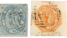 1853 Van Diemen's Land, set of 2 imperforate - 1d pale blue & 4d orange