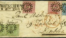 1854 Bavaria (Munich) to Dublin, with imperf 9kr Blue-green pair + 3kr pl.2 single + two 1kr pl.1 singles all cancelled by 217 millwheels