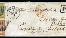 1856 Switzerland to Dublin. Cover with 15Rp carmine pink + 40Rp green, cancelled with postmark ZURICH 3 FEB 56. Rare destination