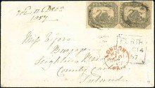 1857 (14 Oct.) Western Australia to Ireland, bearing 6d black-bronze, cancelled by void obliterator, Perth boxed d.s. and red London Paid (9.12)