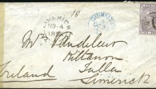 1858 Gibraltar to Ireland with GB 6d (no corner letters) tied by G numeral, blue Gibraltar cds adjacent, paying 6d packet rate,