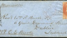 1864 Ceylon to Ireland with 1857-59 10d Vermilion, tight to ample margins, from Trincomalee to Dublin, grid cancel and ms Stamped, TRINCOMALEE red cds, H&K PACT bs