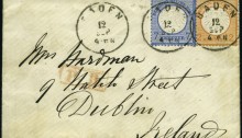 1872 Baden to Dublin - Small Shield 2kr red orange + 7kr blue tied by Baden cds, red boxed PD, bs H&K PACT SE 14 18723