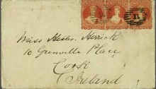 1873 Napier, New Zealand to Cork, Ireland, via San Francisco, USA with 3 x NZ 2d vermilion, perf. 12½, in a horizontal strip of three in a bright shade
