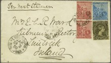 1880 Combination Cover from Lydenburg, Transvaal to Limerick. 1 x Transvaal 1878 6d olive-black + 2 x Cape of Good Hope 1d carmine-red + 1 x CoGH 4d blue