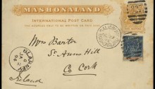 1893 Salisbury, Mashonaland (Rhodesia) to Co Cork, Ireland - 1½d postal stationery card, uprated with ½, twice cancelled 827 and with despatch c.d.s.