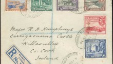 1935 Nicosia, Cyprus to Co Cork, with a part-set of 1934 KGV definitives, set to 2½d (6 values) on registered cover canc. NICOSIA 4.FEB.35