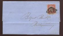 1858 1d red, tied to cover by COLERAINE 149 single diamond, in black ink