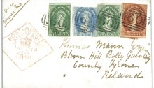 1859 (Nov 14) Envelope from Launceston to Ireland with 1857-69 COMPLETE SET of values with 1d brick red, 2d deep green and 4d pale blue, very mixed margins, paying the scarce 9d rate “via Marseilles” for 1/4oz, tied by “60” numerals (2nd allocation) of Launceston with despatch ds adjacent, reverse with Dublin and Bally Gawley cds, fine and a stunningly colourful franking