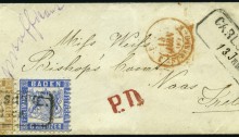 1865 Baden to Naas, Co Kildare, with 1862 Baden 6kr Blue + 9kr Brown, tied together by ''CARLSRUHE 13 JUN'' datestamp