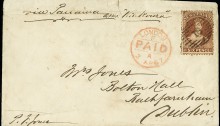 1867 letter from Port Chalmers, New Zealand to Rathfarnham, Co Dublin, franked with NZ 1864-67, 6d brown, via Panama, Colon, Jamaica and St. Thomas