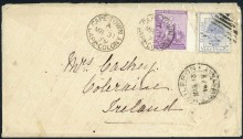1879 Heilbron, Orange Free State to Coleraine, Co Derry bearing OFS 4d blue cancelled by bars + CoGH 6d tied by Cape Town transit c.d.s. (31.3), arrival c.d.s. (22.4)