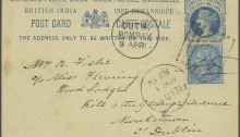 1880 postcard home from 2nd Afghan War, with 1½a postal stationery card up-rated + India ½a blue written from Pezwan to Monkstown, Co Dublin, Ireland