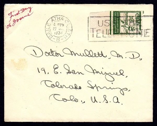 1934 GAA 2d bottom marginal single on a small cover from Dublin to Colorado with neat slogan cancel machine cancel USE THE TELEPHONE