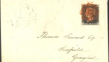 1d Black, Plate 1b, from Bandon to Youghal dated 23 October 1840, cancelled with red maltese cross of Bandon