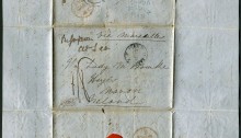 1849 unstamped and unpaid entire letter from Alexandria 8/11/1849 'via Marseilles' to Navan, Ireland, with Malta disinfection mark. Double-ring Alexandria departure mark and Navan arrival mark 22/11/1849 in blue (see scan 2), with slightly blurred undated 'PURIFIE (AU?) LAZARET / MALTA' disinfection mark