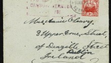 1914. Envelope addressed to Dublin bearing SG 46, 1d red tied by St. George/ Bermuda date stamp '17th Aug 14' with 'Passed T.W./ Censor, Bermuda/ 191' in mauve on face