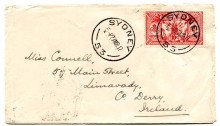 1917 envelope from New Hebrides to Limavady, Co Derry, Ireland tied to the envelope by a New Hebrides 10c adhesive, tied in transit 'SYDNEY' c.d.s. '27 MR 17'