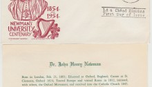 1954 Cardinal Newman (Set of 2) on an illustrated FDC, with Staehle cachet design, showing insert and Dublin c.d.s. (no address)