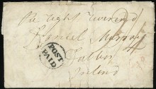 1811 (Jan. 21) Halifax, N.S. to Dublin, Ireland. Folded letter "Halifax / Jan 21" two-line backstamp and bold "POST / PAID" in circle handstamp, London red "Paid, 5 MA" tombstone and manuscript "2/4" due rating for 1s1d packet plus 1s3d to Ireland (2d for the Holyhead-Dublin packet), May 8th arrival backstamp