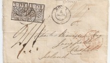 1852 Papal States (Italy) to Cashel, Co Tipperary, Ireland tied by 2 x 5 Baj black on white paper stamps
