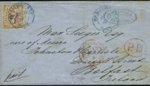 1865 Hamburg to Belfast, Ireland, with 7 Sch Lilac, neatly tied by blue Hamburg St. Pauli cds (28 10 - 66) red London Paid and oval PD, Belfast OC 31 65 bs