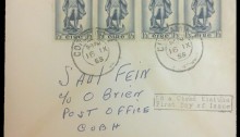 1956 1s & 3d Blue Commodore John Barry (strip of 4) on a plain FDC (hand addressed)