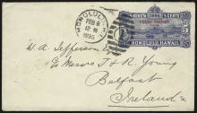 1895 cover from Hawaii to Belfast, Ireland with an 1884 5c Blue, overprinted 'Provisional Government 1893' (U12), cancelled by bold Honolulu H.I. duplex