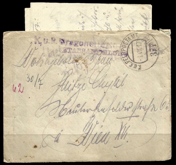 1917 Austria occupation WWI Romania cover from Austrian FPO 377 (Cavalry) with contents