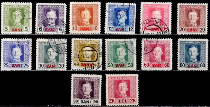 1918 Romania (Austrian Occupation) - Set of 14 (currency overprint in red ink).jpg
