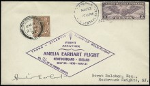 1932, May 20 -- Earhart Transatlantic Solo Flight, Newfoundland to Ireland (AAMC 1165). Handstamped cachet (No. 26 of 50 carried) on cover addressed to Bernt Balchen in Hasbrouck Heights N.J., signed Amelia Earhart, 5c Winged Globe tied by New York N.Y. May 13 duplex, Great Britain 1-1/2p Geo. V tied by Londonderry May 23 receiving datestamp