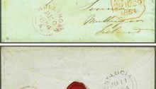 1854 (June 11) Cover from St Lucia to Mullingar, Co Westmeath, Ireland endorsed 'prepaid' with manuscript "6" (pence) in red alongside, struck with very fine "♚ / PAID / AT / ST. LUCIA" in red with double arc ST. LUCIA despatch c.d.s. on reverse (June 11) in black. London transits in red (June 29) and Mullingar arrival (June 30)