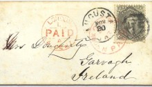 1863 American Civil War cover from Augusta, Georgia to Garvagh, Co Derry, Ireland, with a USA 24¢ lilac tied by ''Augusta GA Nov 20'' c.d.s. + red New York Paid + red London Paid handstamps.
