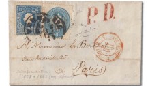 1863 mixed issue franking cover from Venezia to Paris, France, franked with a Lombardy-Venetia 1859 15s blue, type II and an 1863 10s blue, tied by 17 Nov Venezia c.d.s.'s and bearing a red "P.D." handstamp and a red 20 Nov Culoz, France entry c.d.s. A lovely example of this extraordinarily rare franking