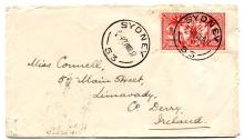 1917 New Hebrides envelope addressed to Ireland franked 10c adhesive tied in transit 'SYDNEY' c.d.s. '27 MR 17'